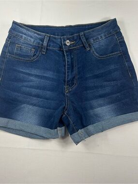 Women's Mid-Rise Dark Blue Denim Roll-Cuff Jean Shorts